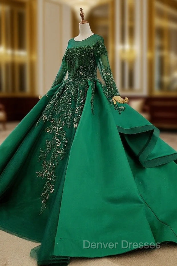 Green Ball Gown Satin Long Sleeve Beading Sequins Appliques Wedding Dress