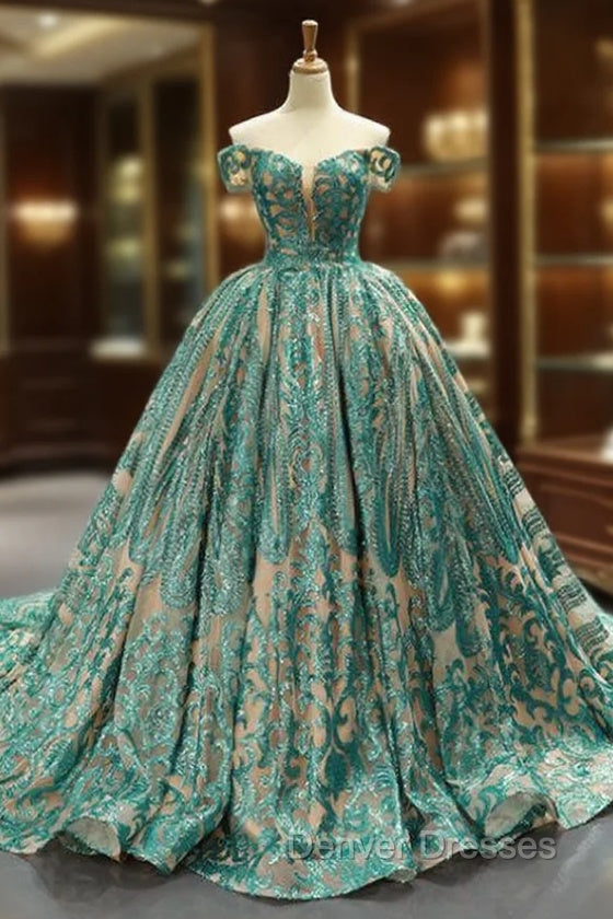 Green Ball Gown Sequins Off The Shoulder Wedding Dress With Train