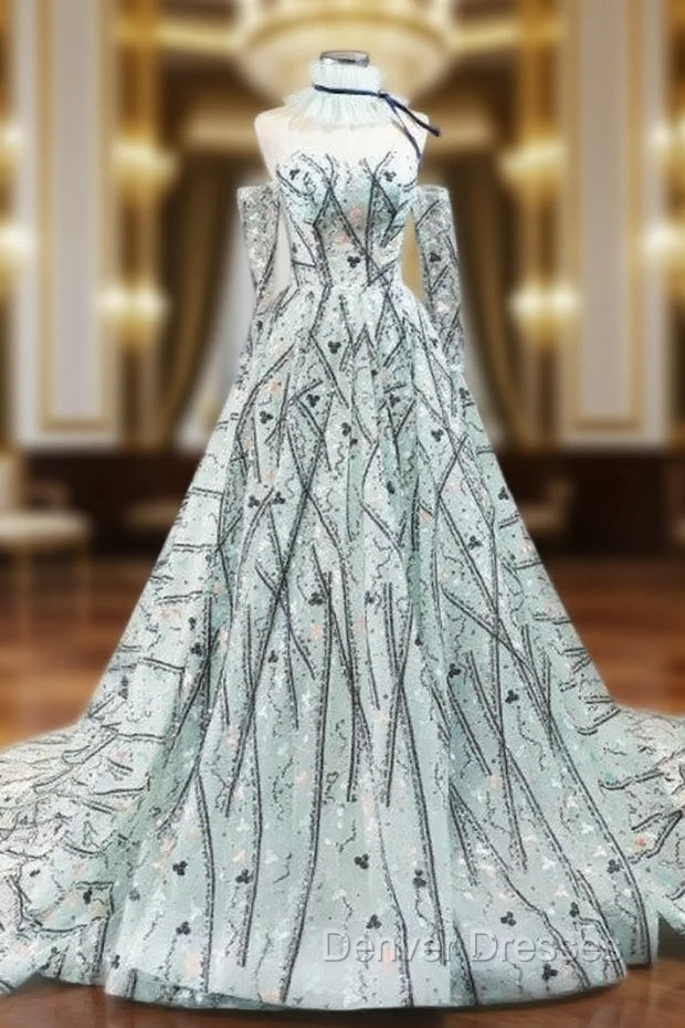 Green Ball Gown Sequins Sweetheart Long Sleeve Embroidery Prom Dress Main image