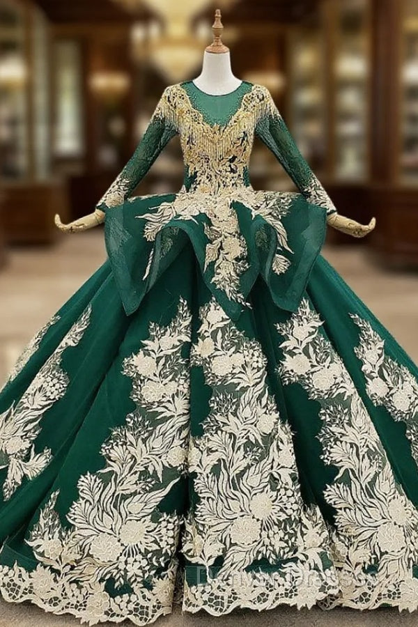 Green Ball Gown Tulle Appliques Backless Long Sleeve Beading Wedding Dress