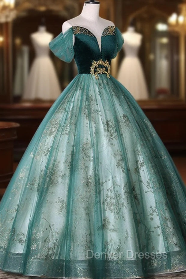 Green Ball Gown Tulle Beaded Off Shoulder Sweet 16 Dress, Green Evening Gown
