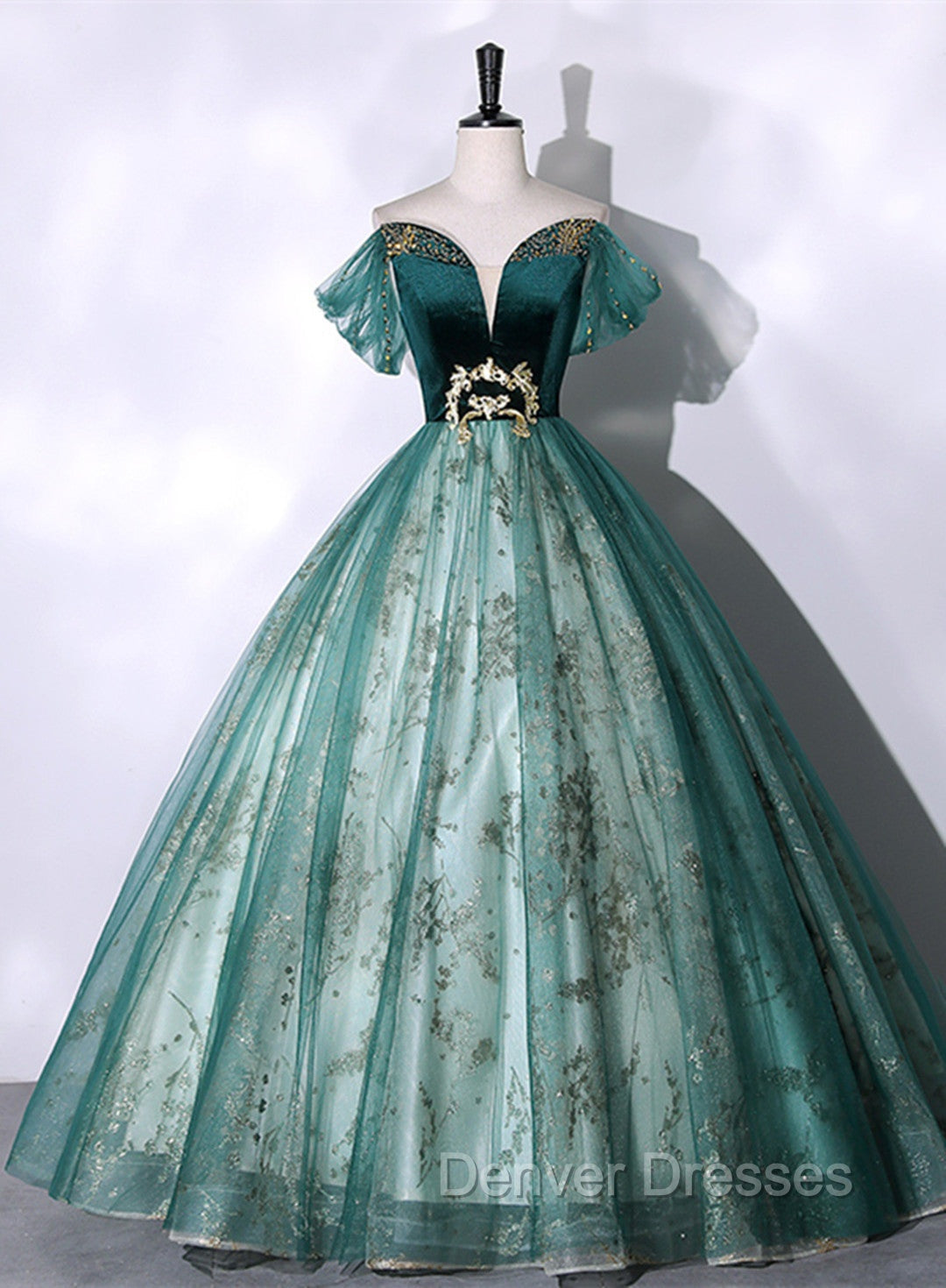 Green Ball Gown Tulle Beaded Off Shoulder Sweet 16 Dress, Green Evening Gown Main image