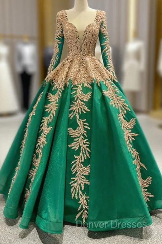 Green Ball Gown Tulle Gold Sequins Appliques V-neck Prom Dress Main image