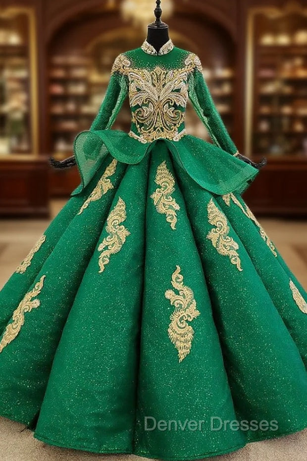 Green Ball Gown Tulle High Neck Long Sleeve Beading Crystal Wedding Dress Main image