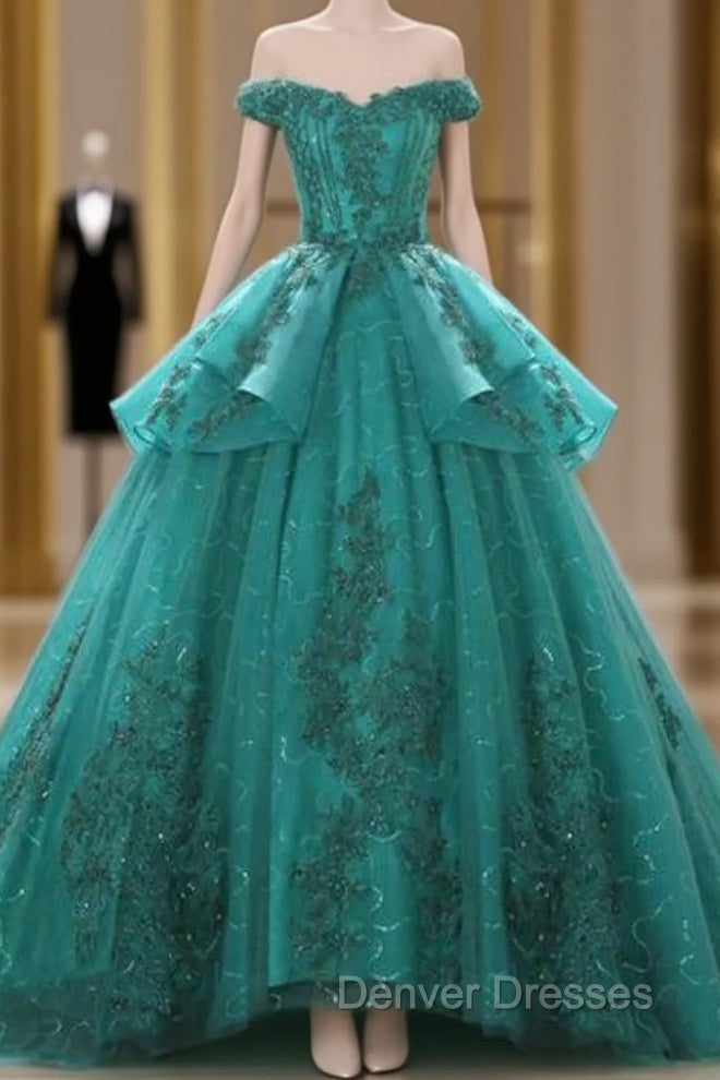 Green Ball Gown Tulle Lace Layered Off The Shoulder Quinceanera Dress