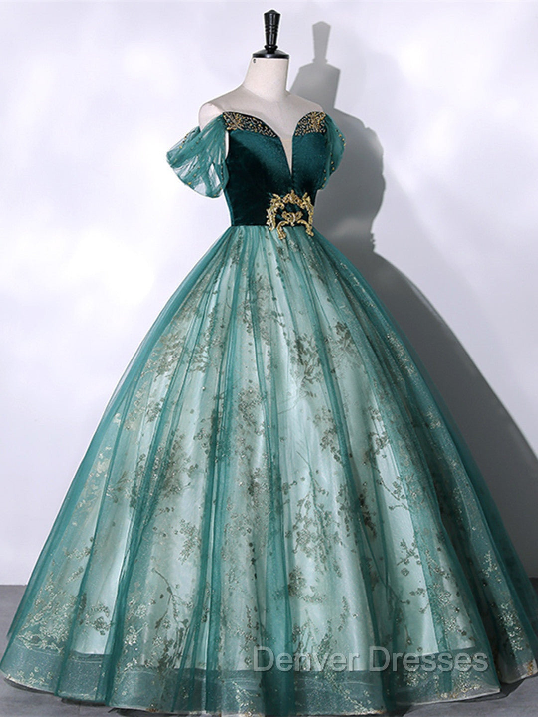 Green Ball Gown Tulle Off Shoulder Sweet 16 Dress Green Evening Dress prom Dress shops