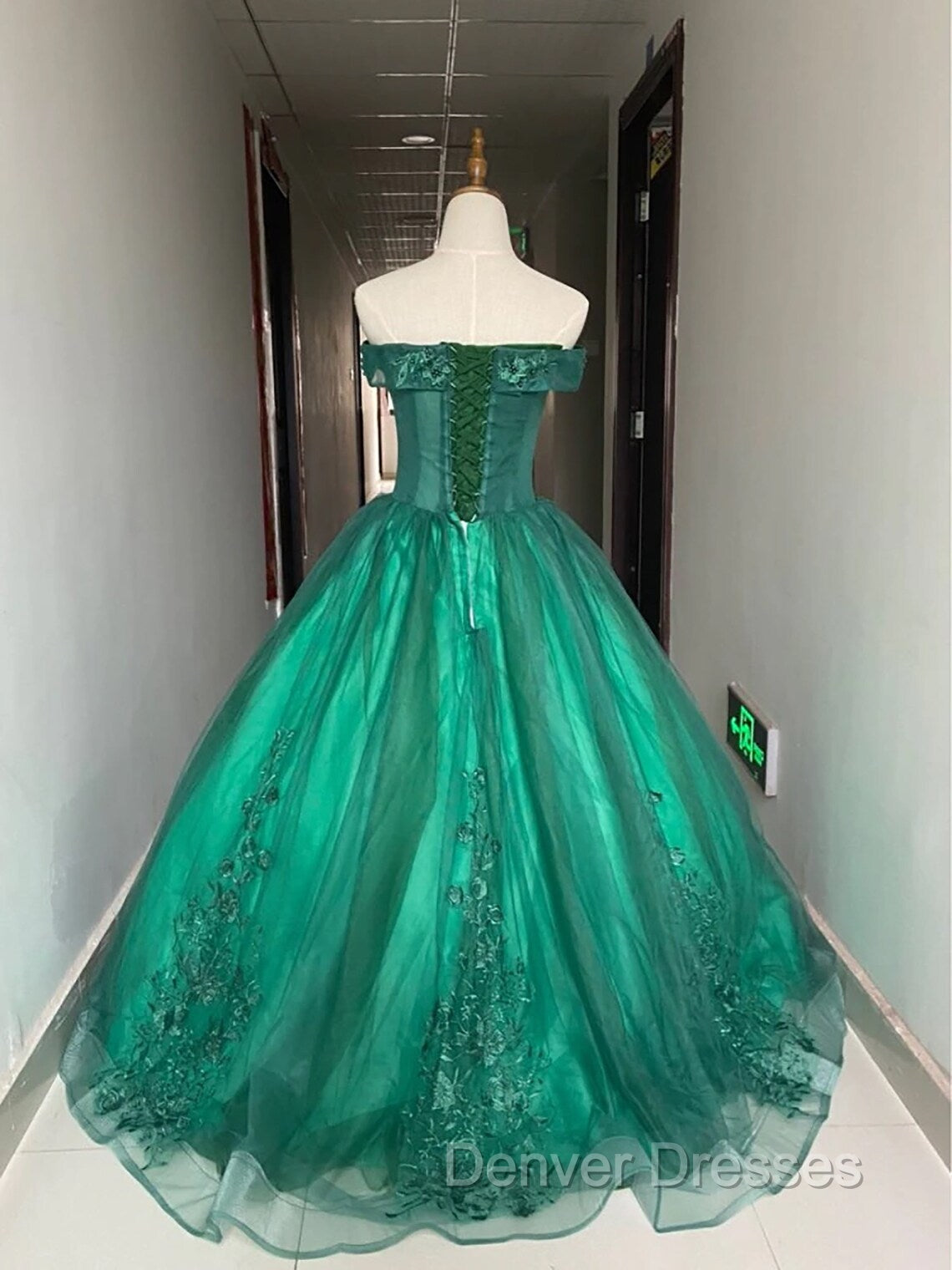 Green Ball Gown Tulle Off Shoulder with Lace Applique, Green Sweet 16 Dress Party Dress Secondary image