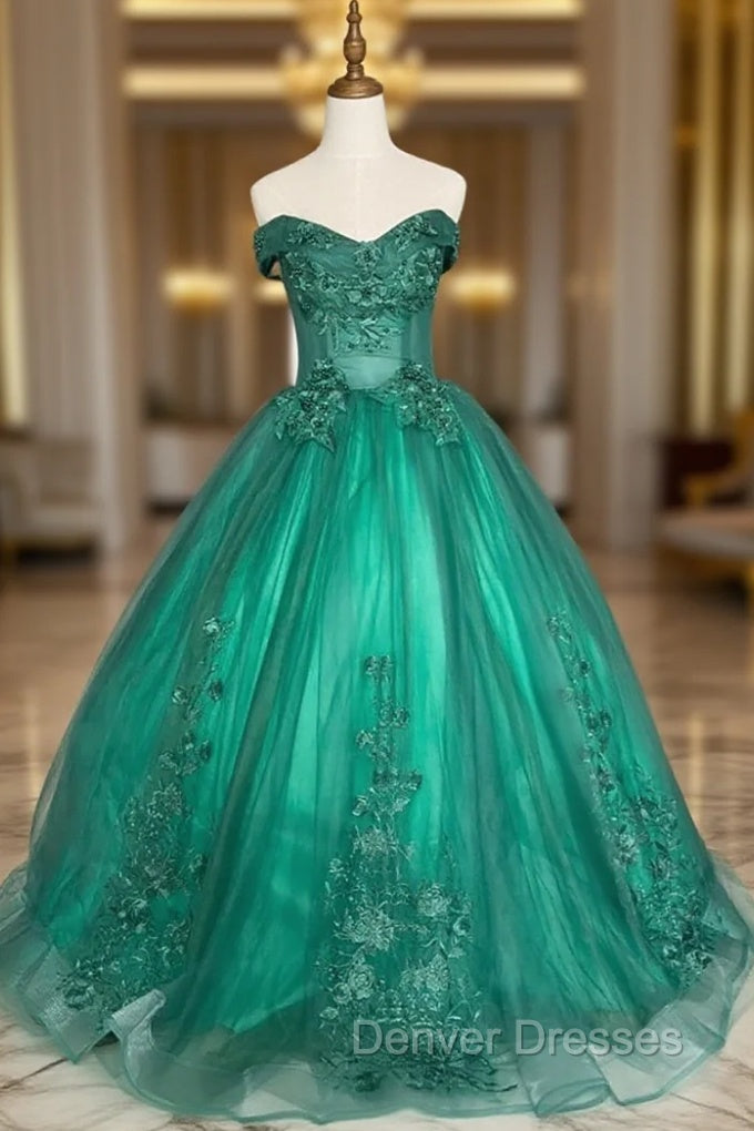 Green Ball Gown Tulle Off Shoulder with Lace Applique, Green Sweet 16 Dress Party Dress Main image