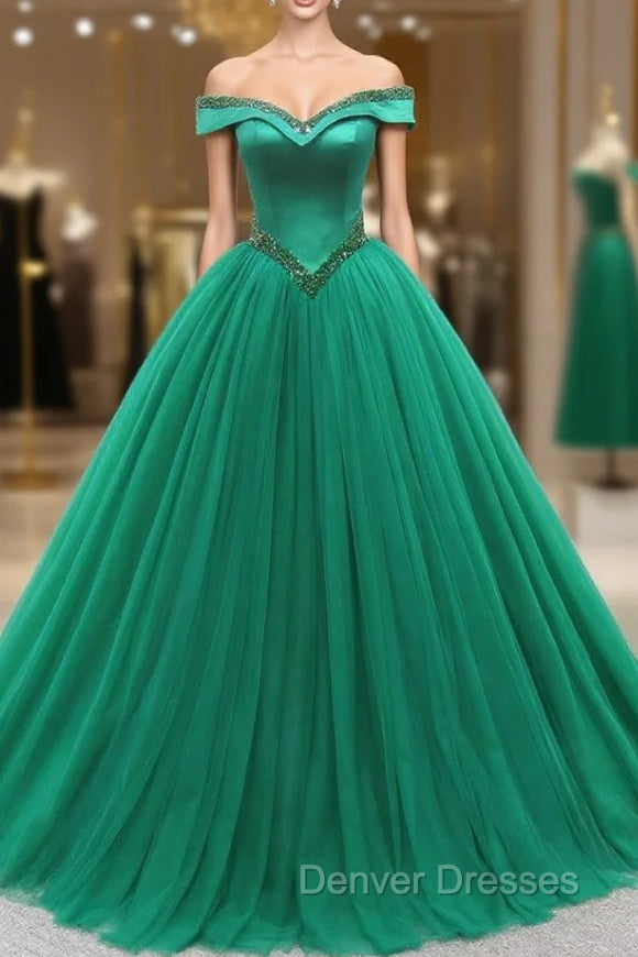 Green Ball Gown Tulle Off the Shoulder Beading Prom Dress Main image