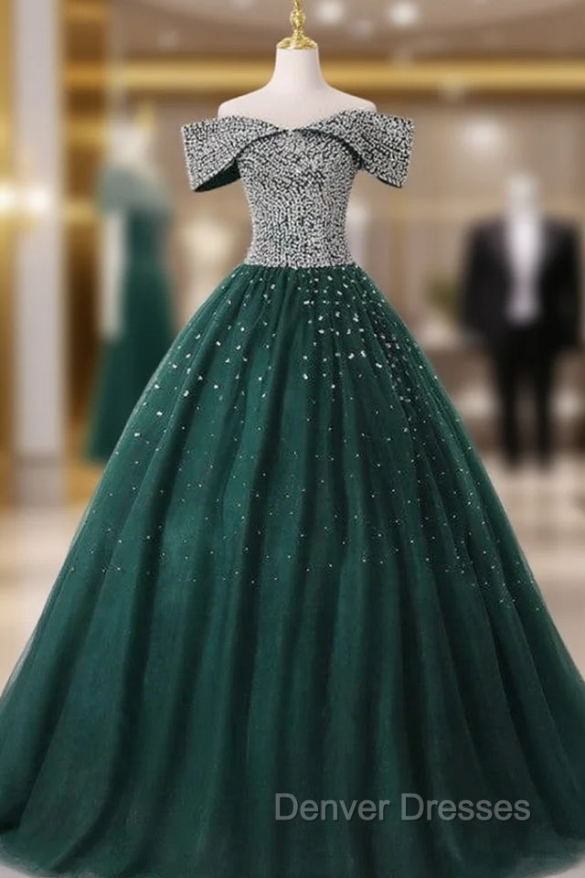 Green Ball Gown Tulle Off the Shoulder Beading Quinceanera Dress Main image