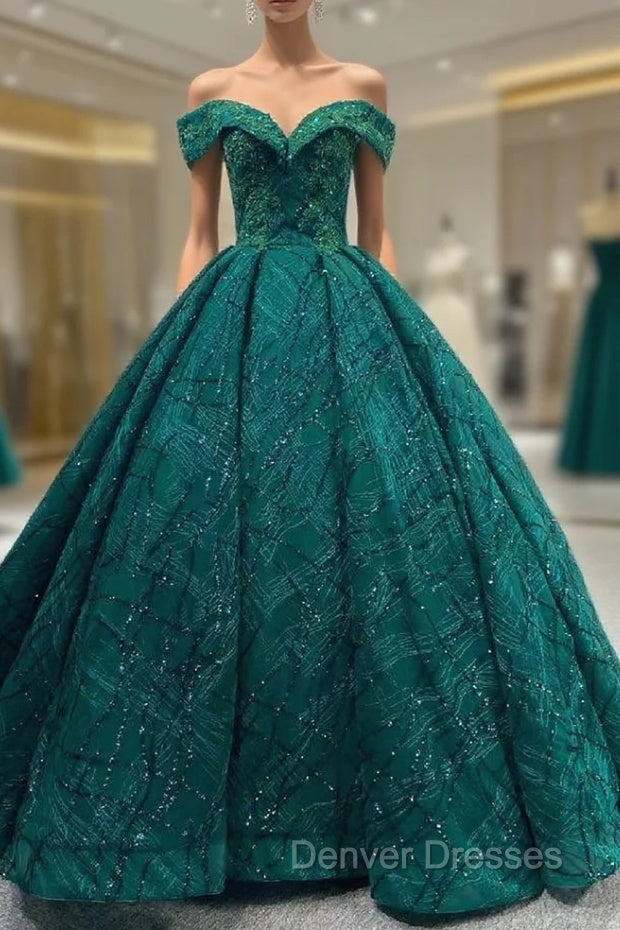 Green Ball Gown Tulle Sequins Appliques Prom Dress