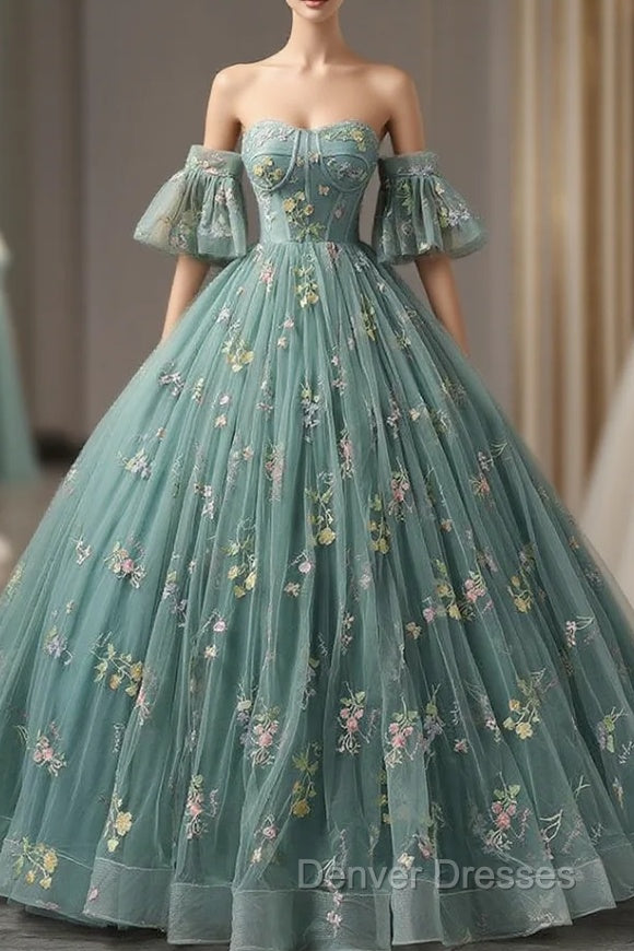 Green Ball Gown Tulle Straps Appliques Quinceanera Dress