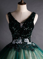 Green Ball Gown V-Neckline Sequins Long Formal Dress, Green Sequins Prom Dress