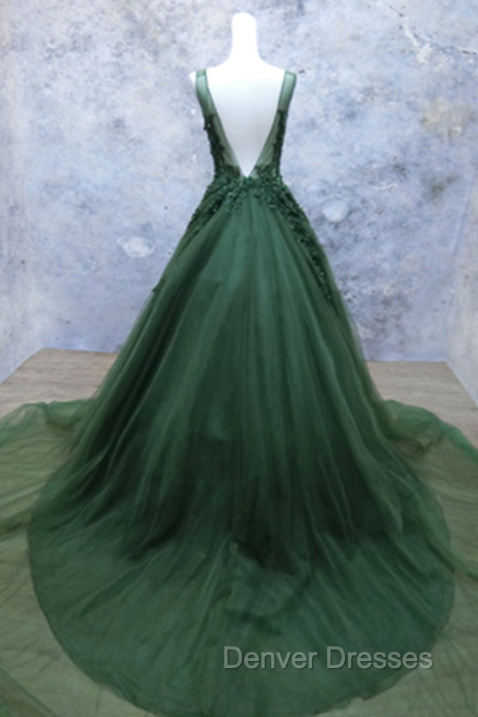 Green Beaded and Lace V-neckline Low Back Long Party Dress, Green Evening Dress Party Dress Secondary image