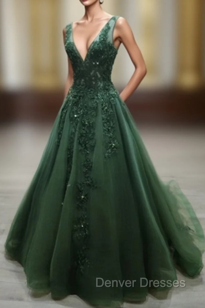 Green Beaded and Lace V-neckline Low Back Long Party Dress, Green Evening Dress Party Dress Main image