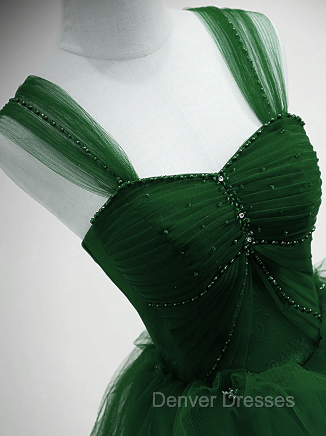 Green Beaded Tulle Off Shoulder Long Party Dress, Green Tulle A-line Prom Dress