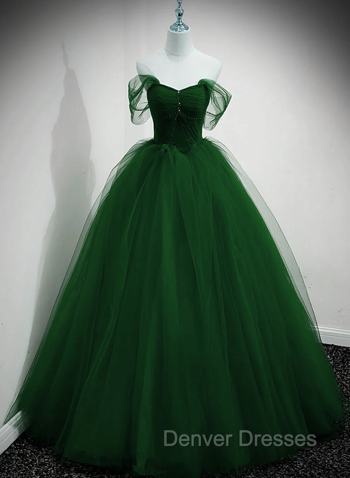Green Beaded Tulle Off Shoulder Long Party Dress, Green Tulle A-line Prom Dress Secondary image