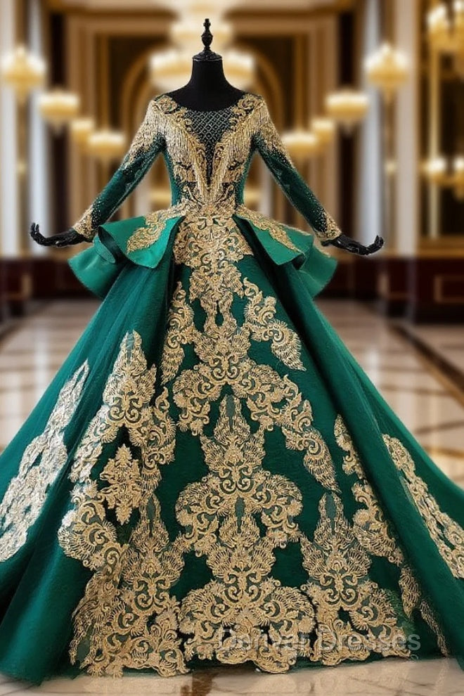 Green Bll Gown Satin Gold Appliques Long Sleeve Backless Wedding Dress Main image
