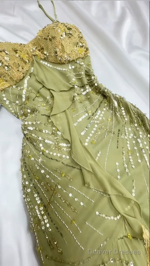 Green Bodycon Dress Beautiful Spaghetti Straps Chiffon Sequin Long Prom Dress Evening Dress Secondary image