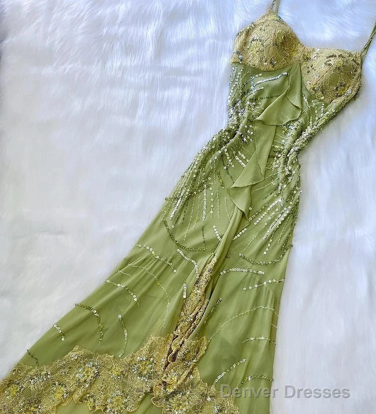 Green Bodycon Dress Beautiful Spaghetti Straps Chiffon Sequin Long Prom Dress Evening Dress Main image