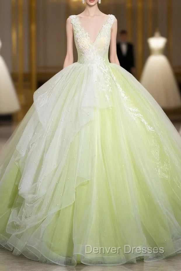 Green Deep V-neck Lace Quinceanera Dress Main image