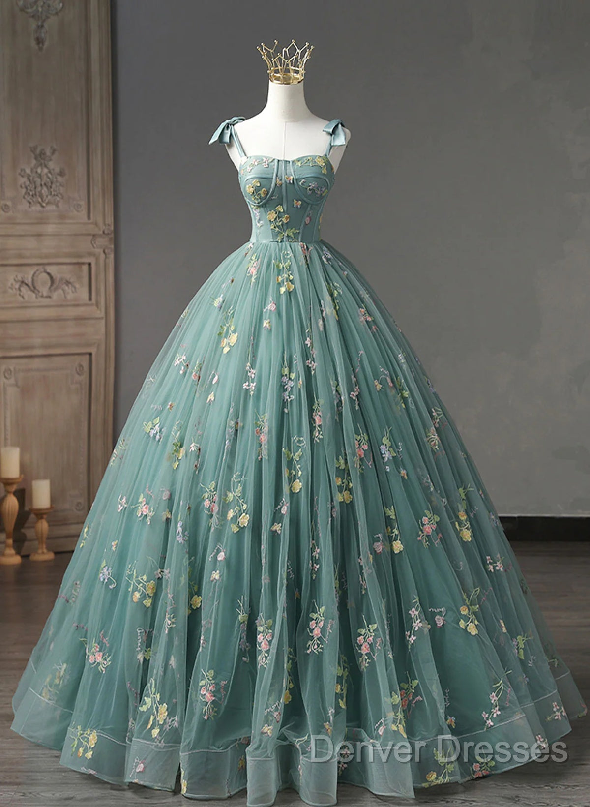 Green Floral Straps Sweetheart Long Party Dress, Green Sweet 16 Dress