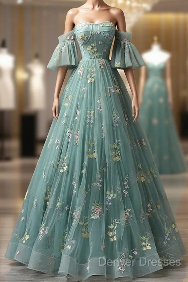 Green Floral Straps Sweetheart Long Party Dress, Green Sweet 16 Dress Main image
