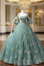 Green Floral Tulle Long Prom Dress Cute Off Shoulder Evening Party Dress Beautiful