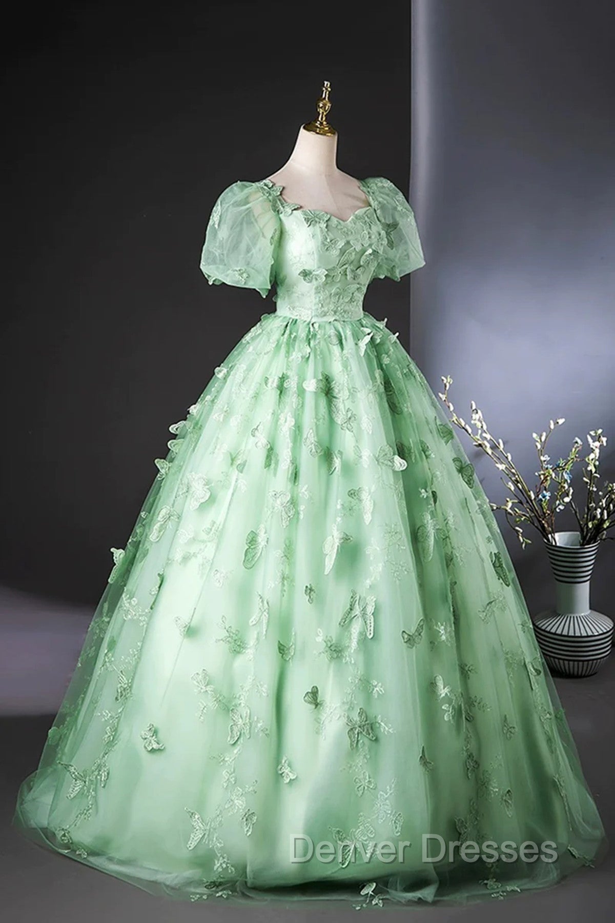 Green Flower Lace Long Prom Dress with Sleeves, Green Formal Dress Secondary image