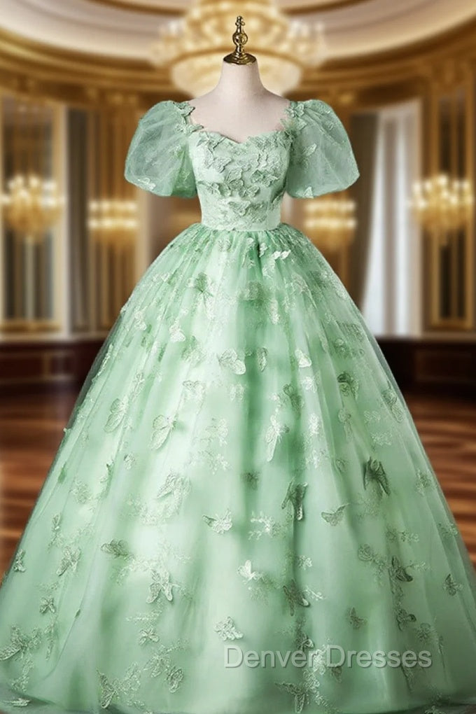 Green Flower Lace Long Prom Dress with Sleeves, Green Formal Dress Main image
