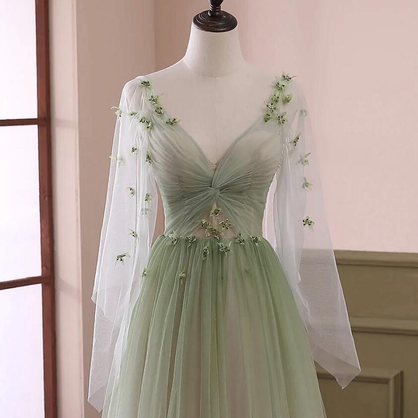 Green Gradient Puffy Sleeves Long Party Dress, A-Line Beaded Prom Dress Secondary image
