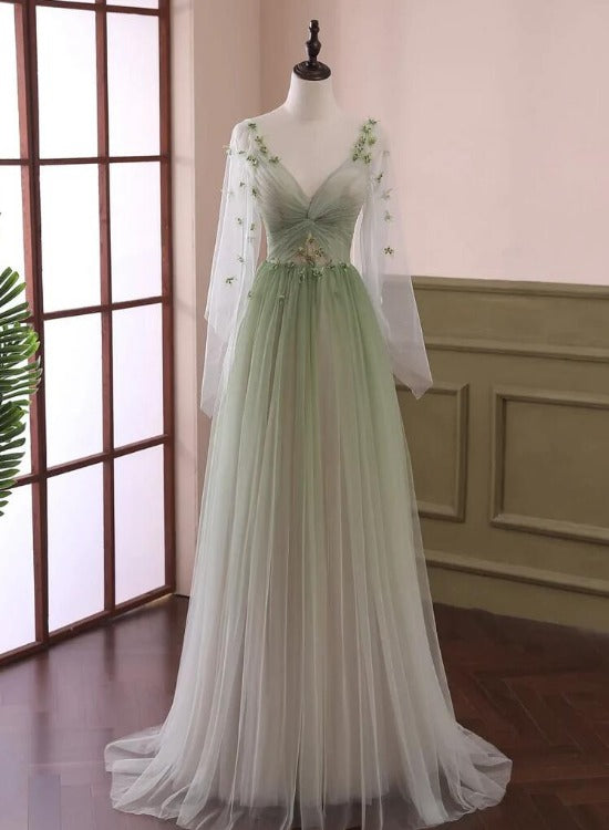 Green Gradient Puffy Sleeves Long Party Dress, A-Line Beaded Prom Dress Main image