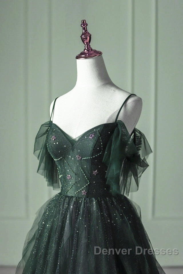 Green Gradient Tulle A-Line Long Formal Dress, Green Beaded Straps Party Dress Prom Dress