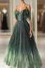 Green Gradient Tulle A-Line Long Formal Dress, Green Beaded Straps Party Dress Prom Dress