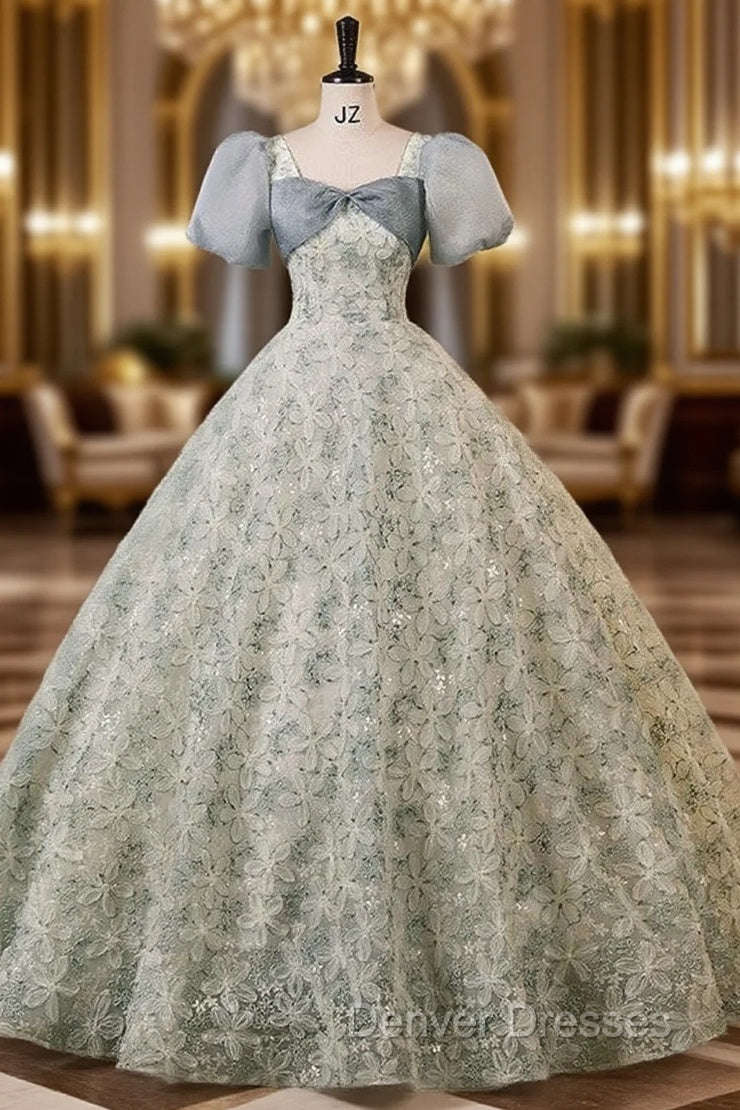 Green Gray Short Sleeve Lace Flower Quinceanera Dress