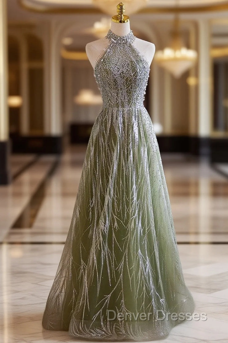 Green Halter Sequins Beading Prom Dress