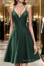Green Halter Short Satin Long Party Dress, Green Homecoming Dress , Short Party Dress