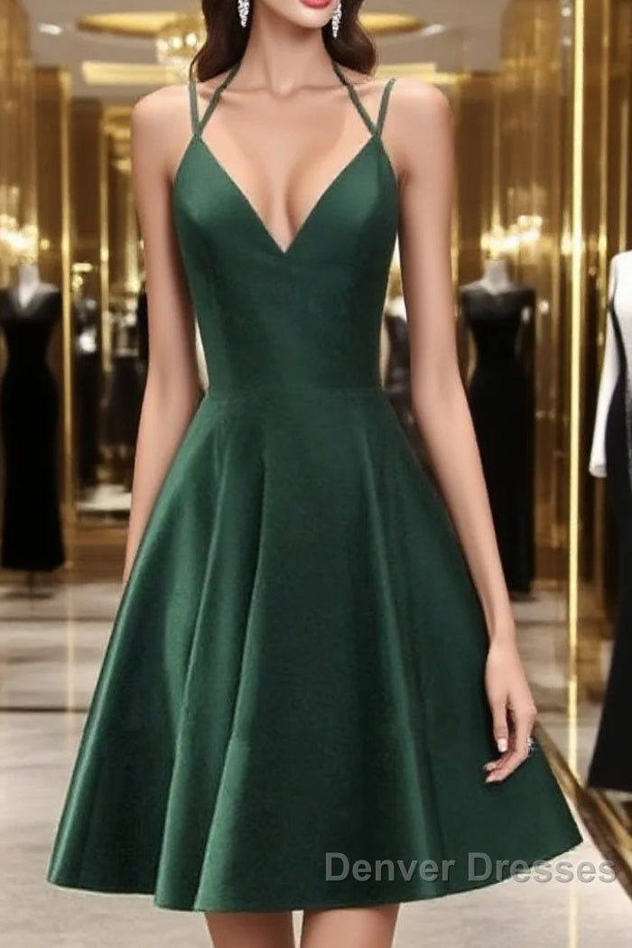 Green Halter Short Satin Long Party Dress, Green Homecoming Dress , Short Party Dress
