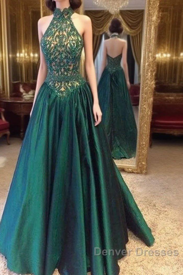 Green High Neck Long Prom Dress, Green Evening Dress Main image