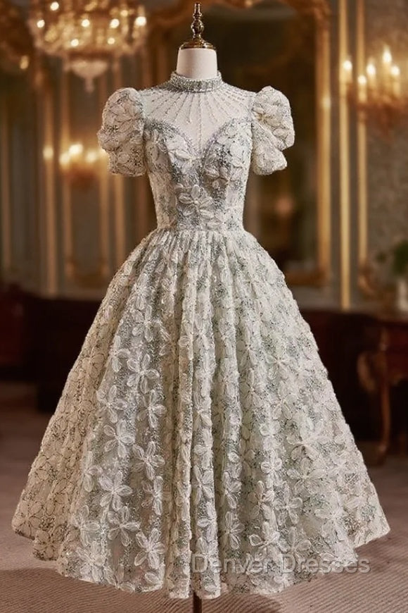 Green High Neck Puff Sleeve Beading Prom Dress