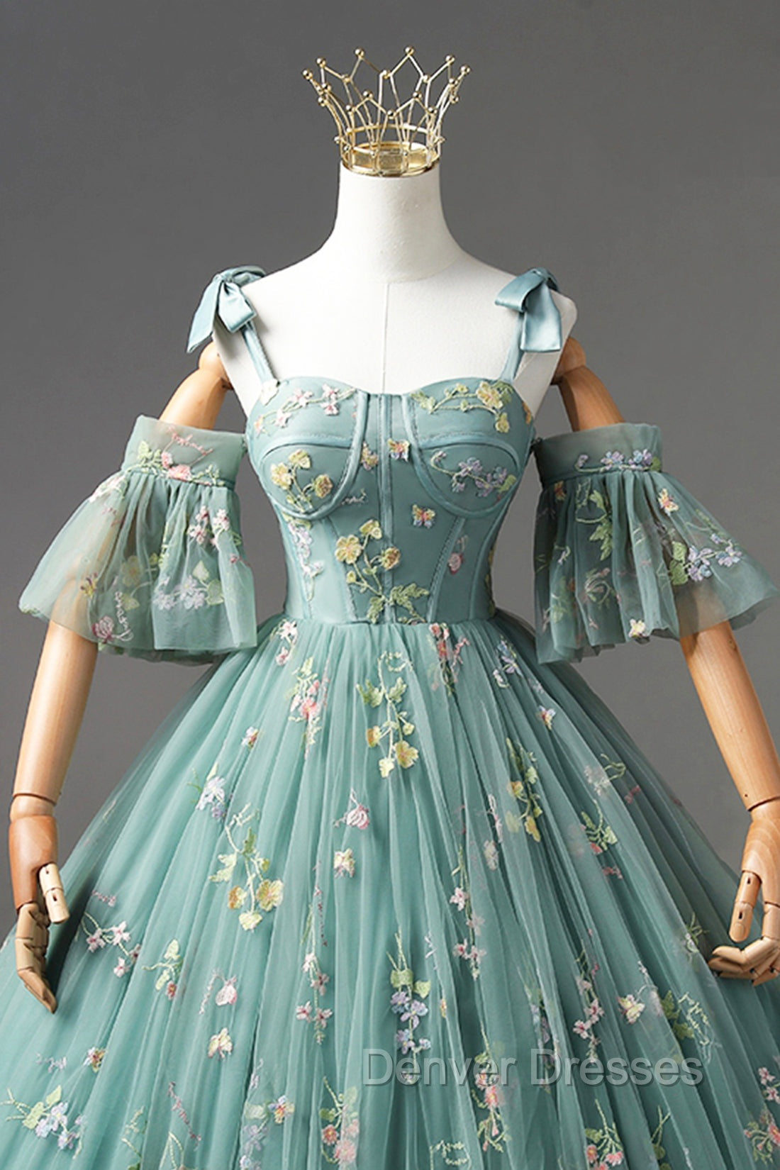 Green Lace Long A-Line Formal Dress, Spaghetti Strap Evening Gown Secondary image