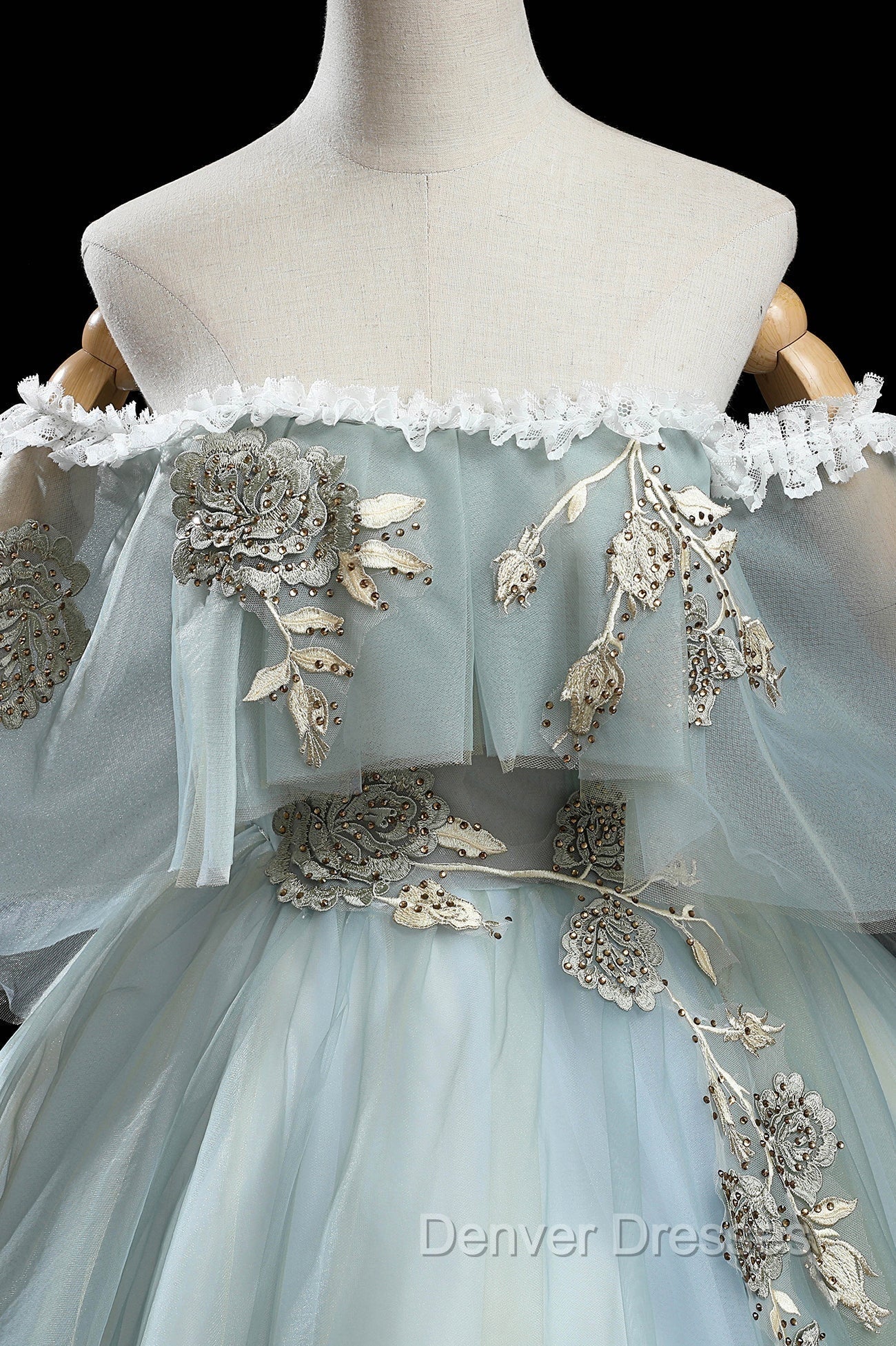 Green Lace Long A-Line Off the Shoulder Prom Dress, Evening Party Dress Secondary image