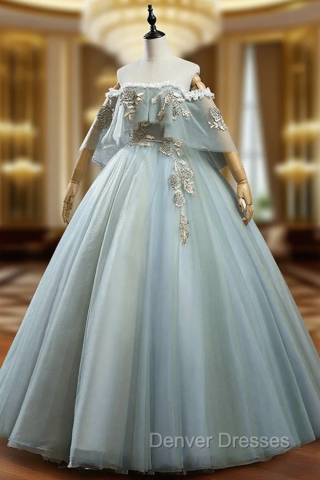 Green Lace Long A-Line Off the Shoulder Prom Dress, Evening Party Dress