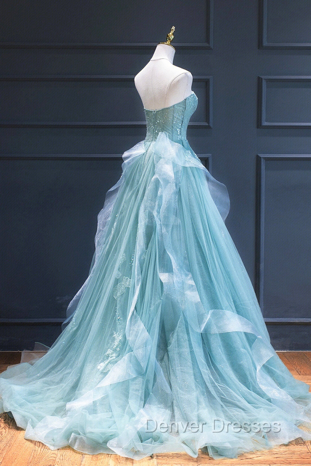 Green Lace Tulle A-Line Long Formal Dress, Green Strapless Evening Dress Secondary image