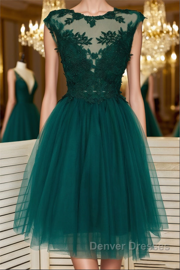 Green Lace Tulle Short Prom Homecoming Dress, Green Lace Formal Graduation Evening Dress Main image