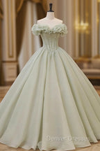 Green Long Prom Dress, Green Tulle Formal Sweet 16 Dress with Beading
