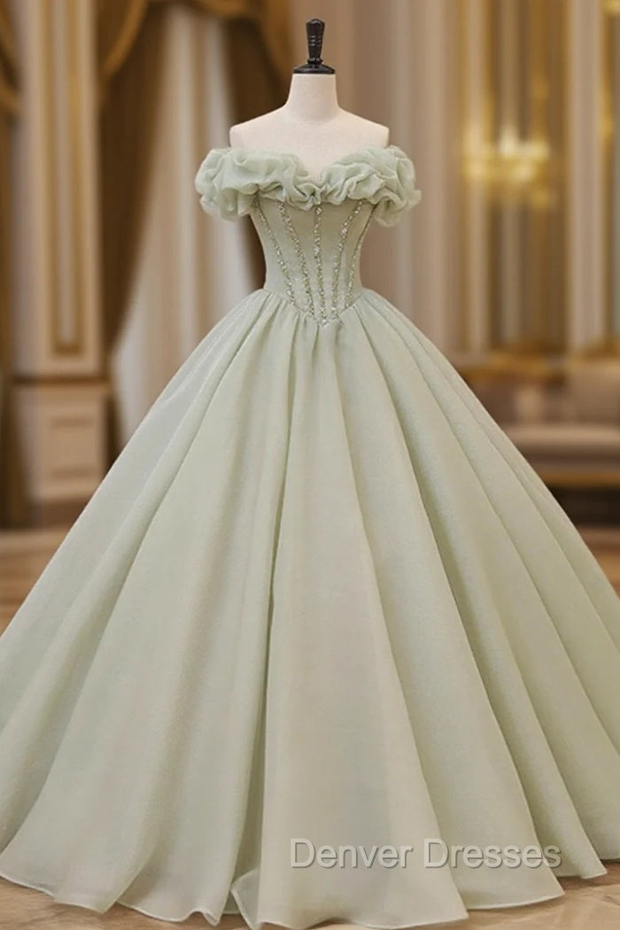 Green Long Prom Dress, Green Tulle Formal Sweet 16 Dress with Beading