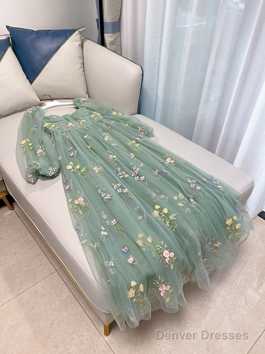Green Long Sleeves Floral Tulle A-Line Prom Dress, Green Evening Dress