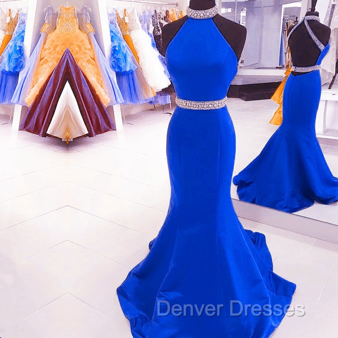 Green Mermaid Halter Prom Dress Satin Open Back