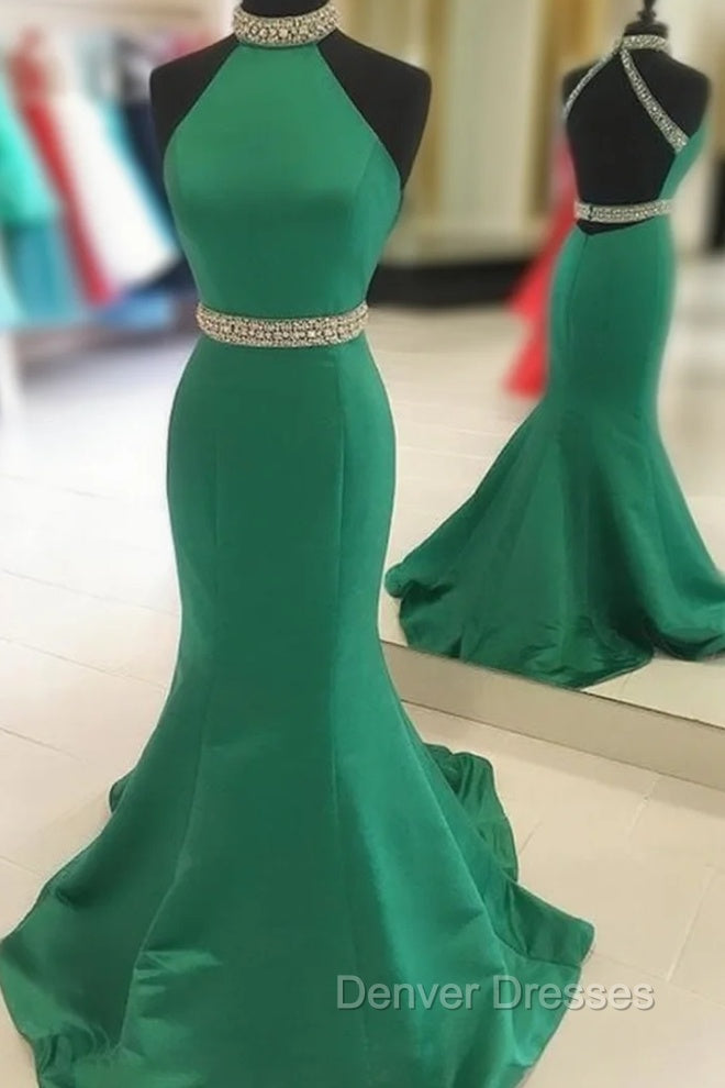 Green Mermaid Halter Prom Dress Satin Open Back
